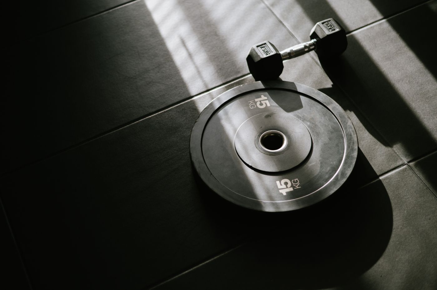 A fifteen kilogram plate on a gym floor.